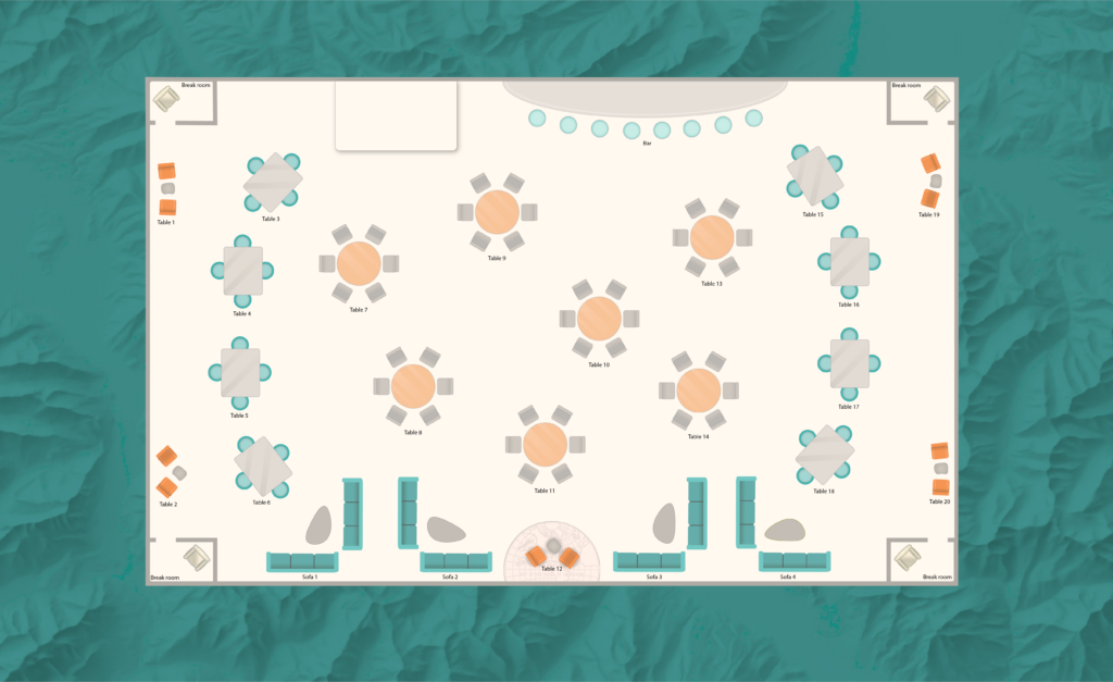 Room layout using teal and orange with a teal hillshade image as the background