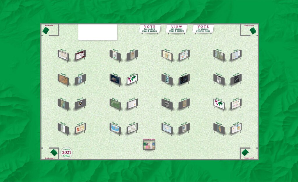 Room layout with small posterboards containing tiny map images
