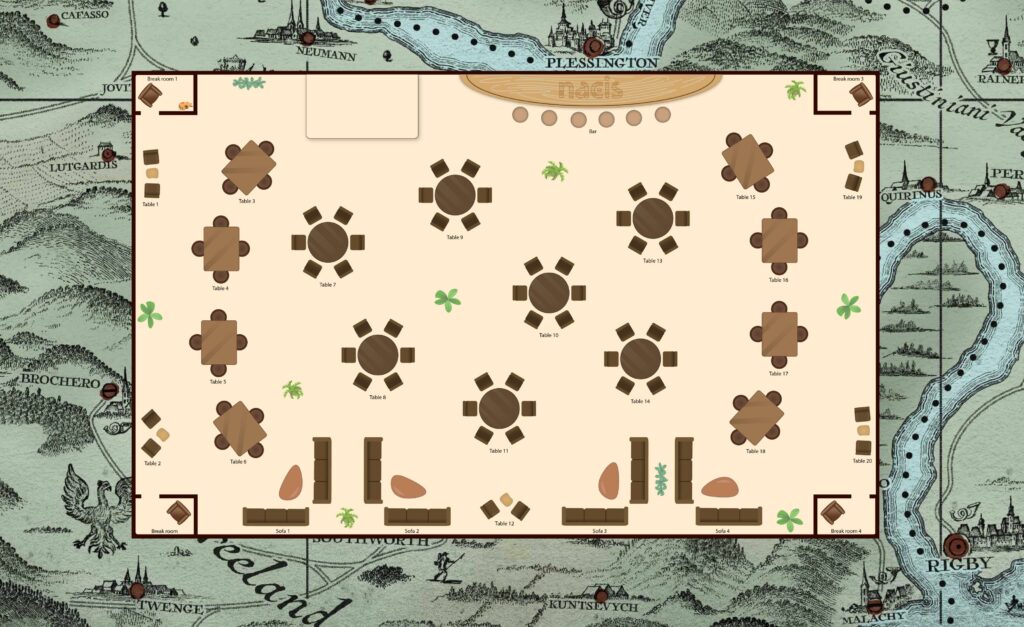 Room layout in shades of brown with a fantasy map background